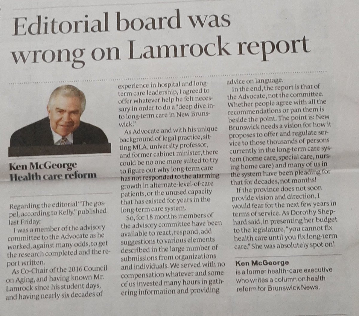 If you knowledgeable of long te care in NB you will find much to cause conversation and action in the Lamrock Report.