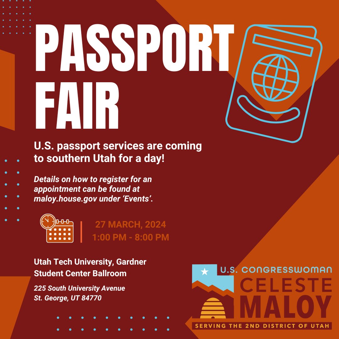 Sign up today to apply for or renew your passport in person at Utah Tech on March 27! More details here:🔗maloy.house.gov/calendar/event…