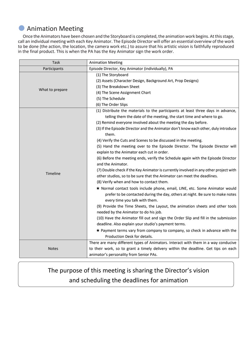 Another free resource the Association of Japanese Animations website has for download is a PDF called 'A Manual for TV Anime Series Production Assistants'!   

This 51 page PDF is available in Japanese, English, and Chinese! 

Download Link: ▼ aja.gr.jp/jigyou/ikusei/…