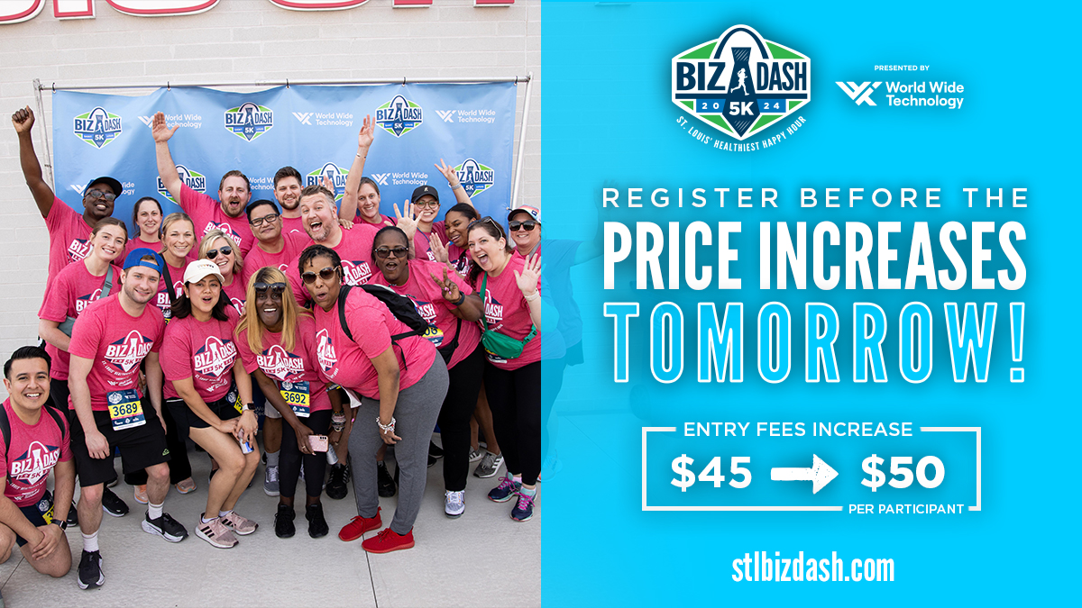 TODAY is the last day to register for the 2024 Biz Dash 5K for just $45! stlbizdash.com All participants receive a St. Louis Blues inspired t-shirt, koozie, race bib & post-race beverage. Registration is $50 from April 17 until registration closes on May 1.