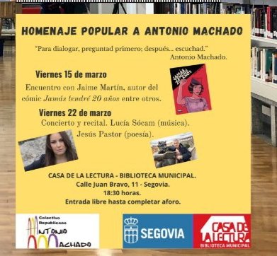 CAFÉ MACHADO en #Segovia 🎼🗣No olvides nuestra cita poético-musical con @luciasocam, cantautora y activista de la memoria, y Jesús Pastor, catedrático de Lengua y Literatura y activista social. 🗓Viernes 22 marzo 🕡18:30 H 📍@CasaLecturaSG #AntonioMachado #CafeMachado