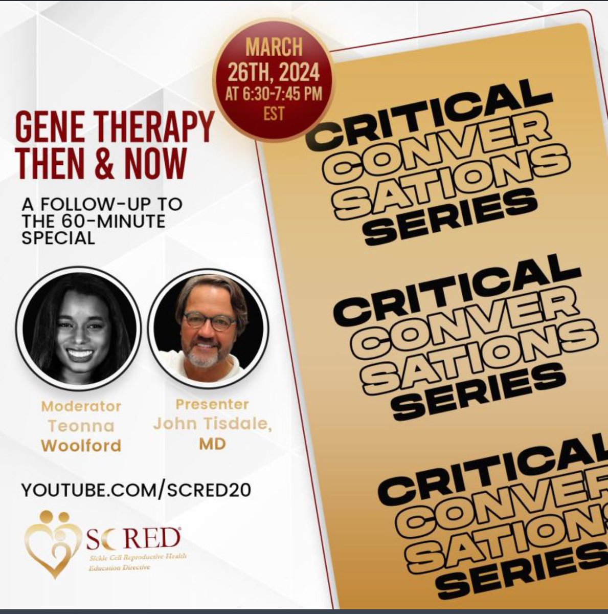 Join us for another informative webinar! Featuring the incredible, Dr. Tisdale. Dr. Tisdale has been on the frontlines advancing research in gene therapy at NIH. There's been so many updates since the groundbreaking 60-minute special. eventleaf.com/e/gene