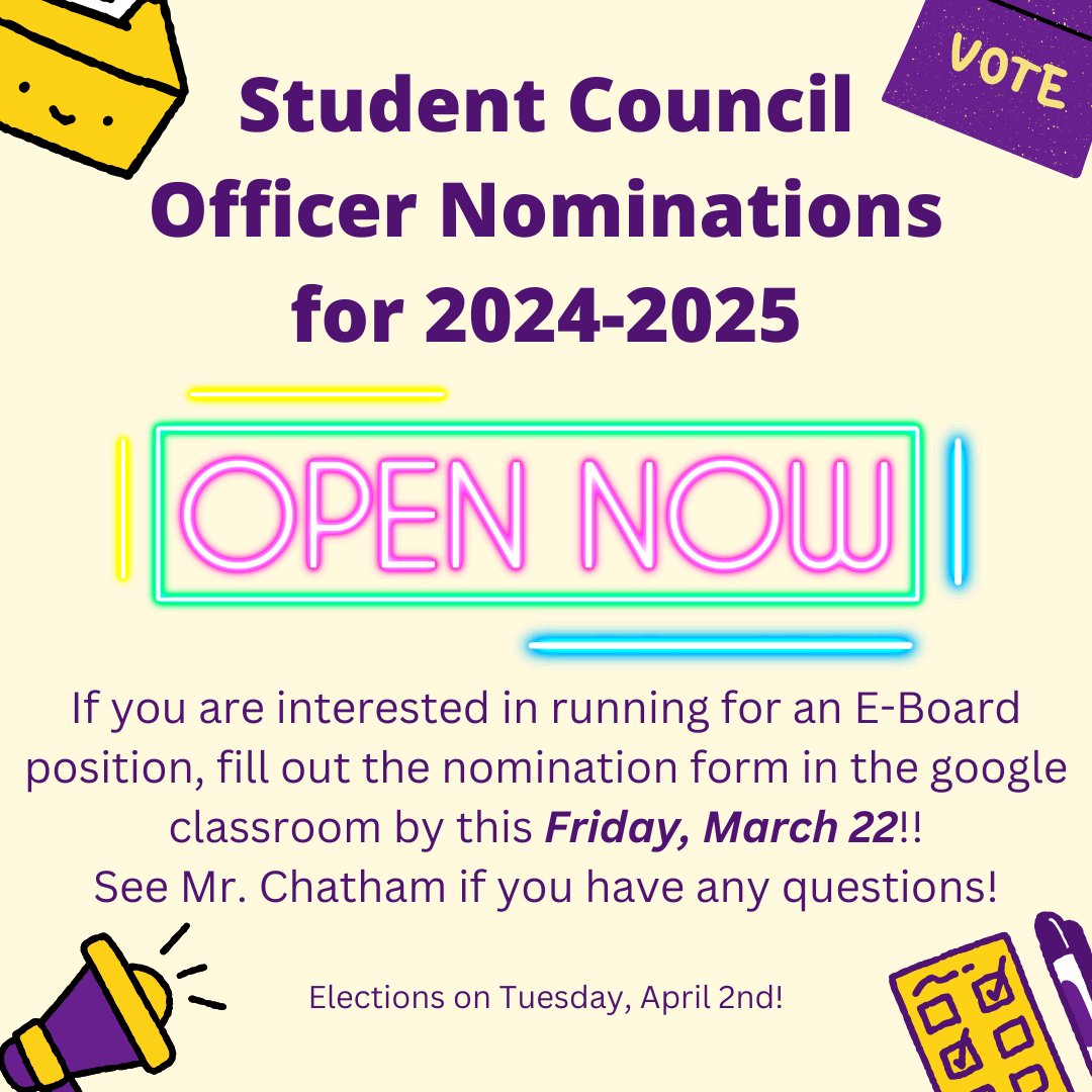Student Council Officer Nominations are due this Friday 3/22!!  If you are interested in running for a StuCo officer position, complete the nomination form in the google classroom! <a href="/DerekAtherton1/">Derek Atherton</a> <a href="/HopedaleAP/">Timothy Johnson</a> <a href="/cchatham5/">Christopher Chatham</a>