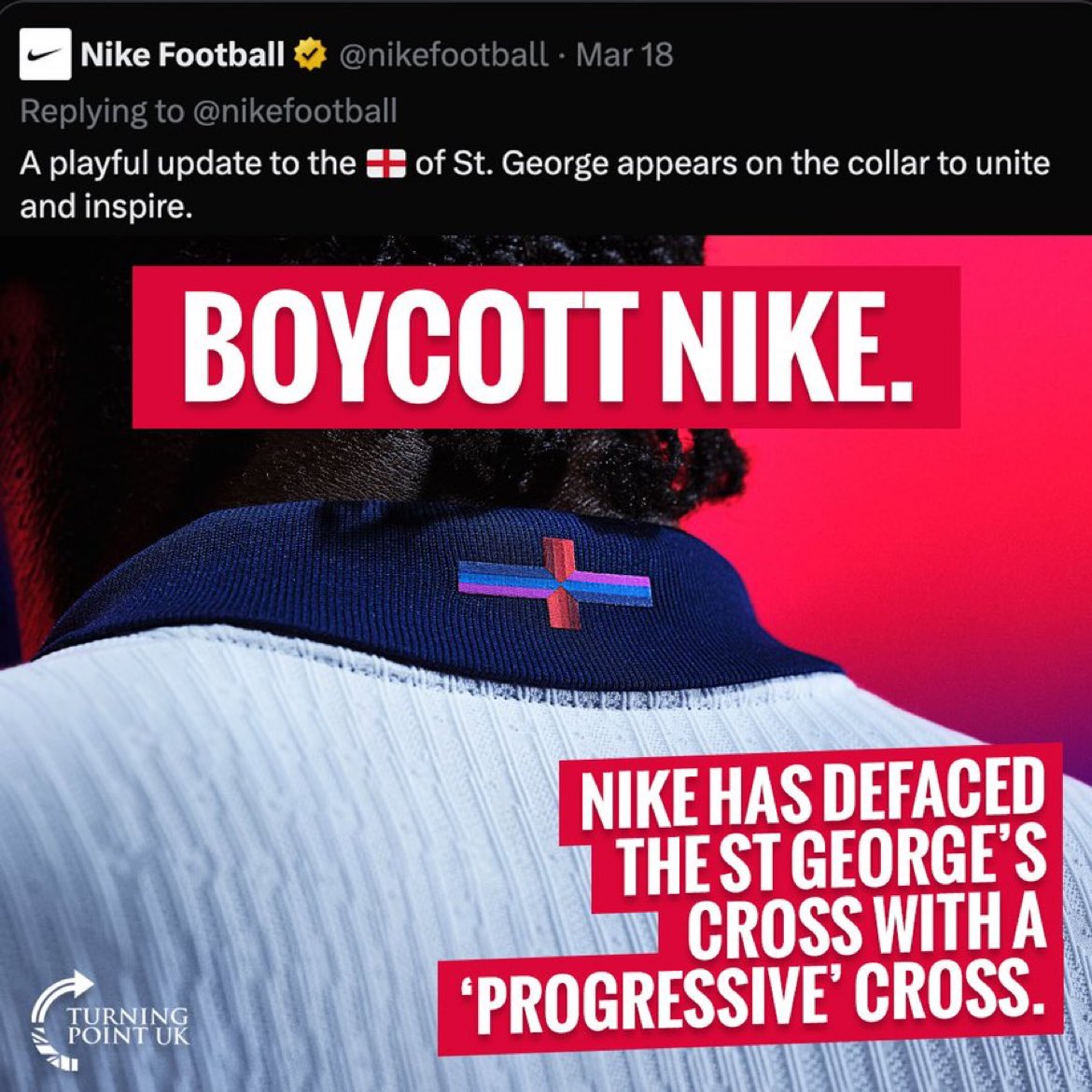 We are English and proud. 🏴󠁧󠁢󠁥󠁮󠁧󠁿 @nikefootball is a disgrace. If our flag offends you then leave. 🏴󠁧󠁢󠁥󠁮󠁧󠁿 #BoycottNike
