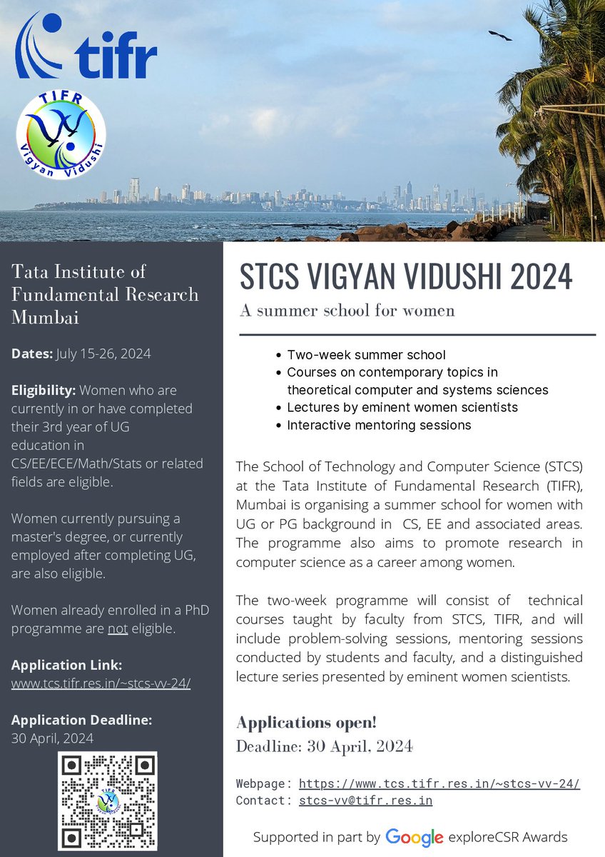 Announcing the STCS Vigyan Vidushi 2024: the programme aims to provide participants exposure to contemporary topics in theoretical computer & systems sciences, and also to promote research in CS as a career among women. For more details, visit tcs.tifr.res.in/~stcs-vv-24/
