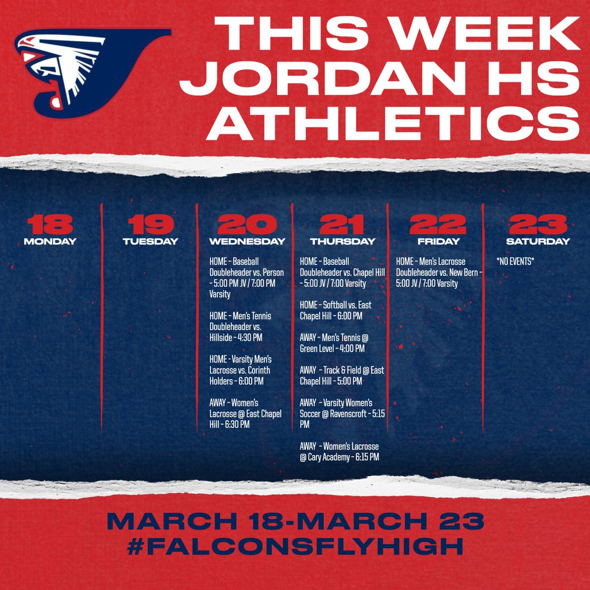 Here are your Falcon @jordanfalcons sporting events for the Week of March 18th:

🎟️Purchase your tickets at gofan.co/app/school/NC4… or via the GoFan App.

🛄 CLEAR BAG POLICY at DPS athletic events. Clear bags for purchase from @jordanhsbooster