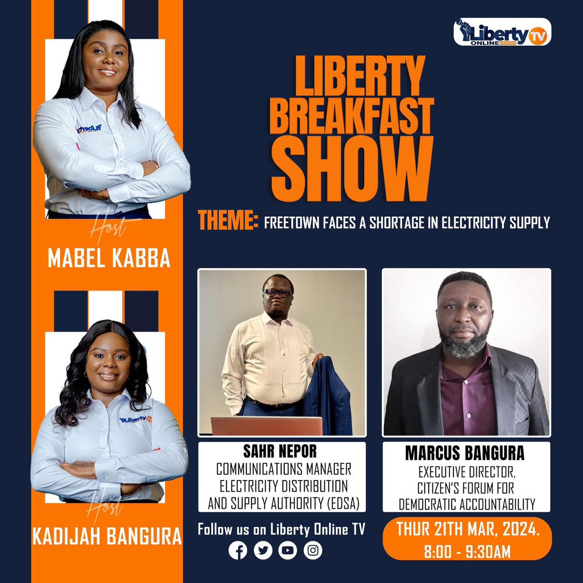 In the March 21st edition of the Liberty Breakfast Show, we'll have Sarh Nepor, Communications Manager at EDSA, discussing the factors contributing to the ongoing electricity shortage in the city.
