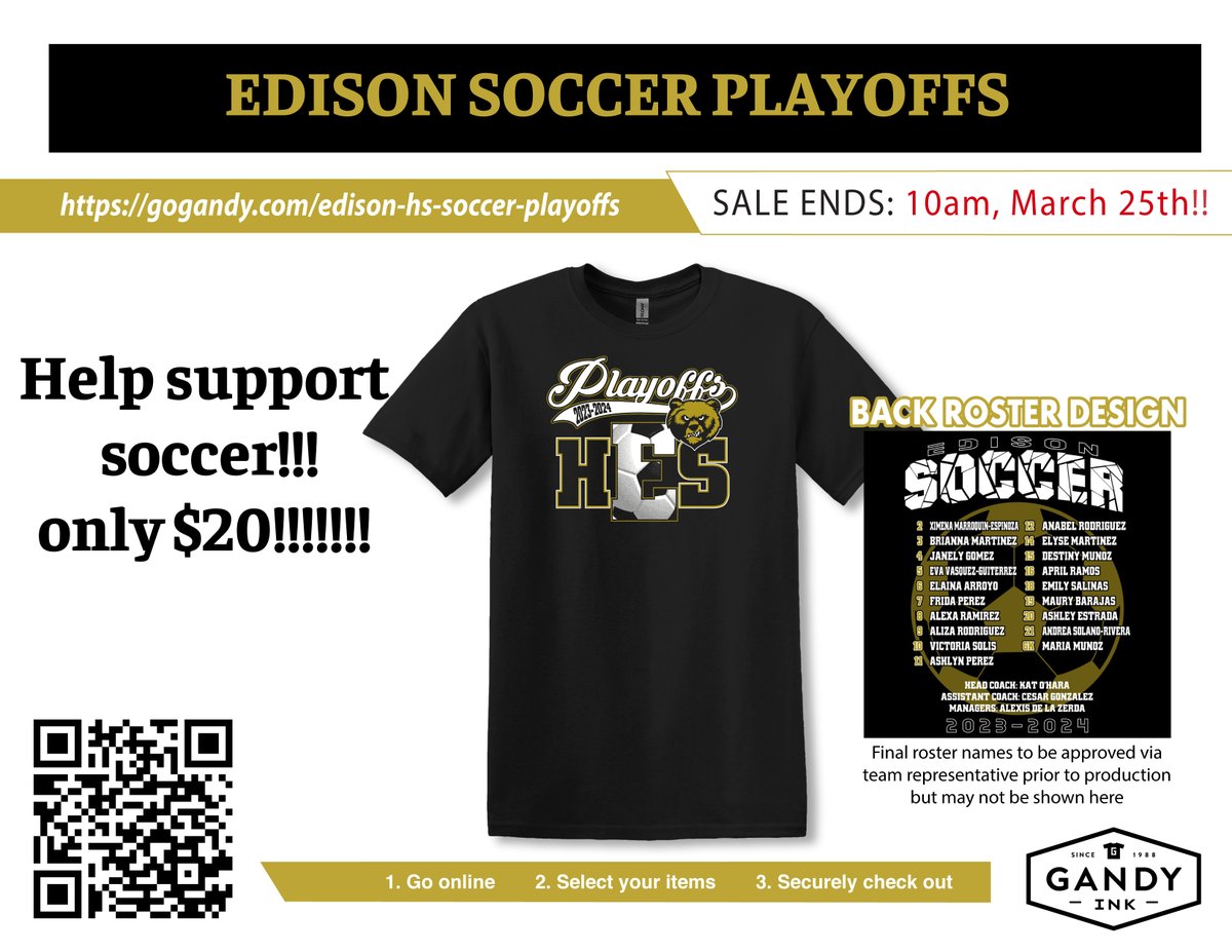 Congratulations to our Girls Soccer team for clinching a 3rd place spot in 27-5A UIL district play. The Bears will take on Medina Valley next week (Time &amp; Location TBA).
Please scan the QR code to purchase a play-off shirt. Shirts may be picked up at Edison HS.