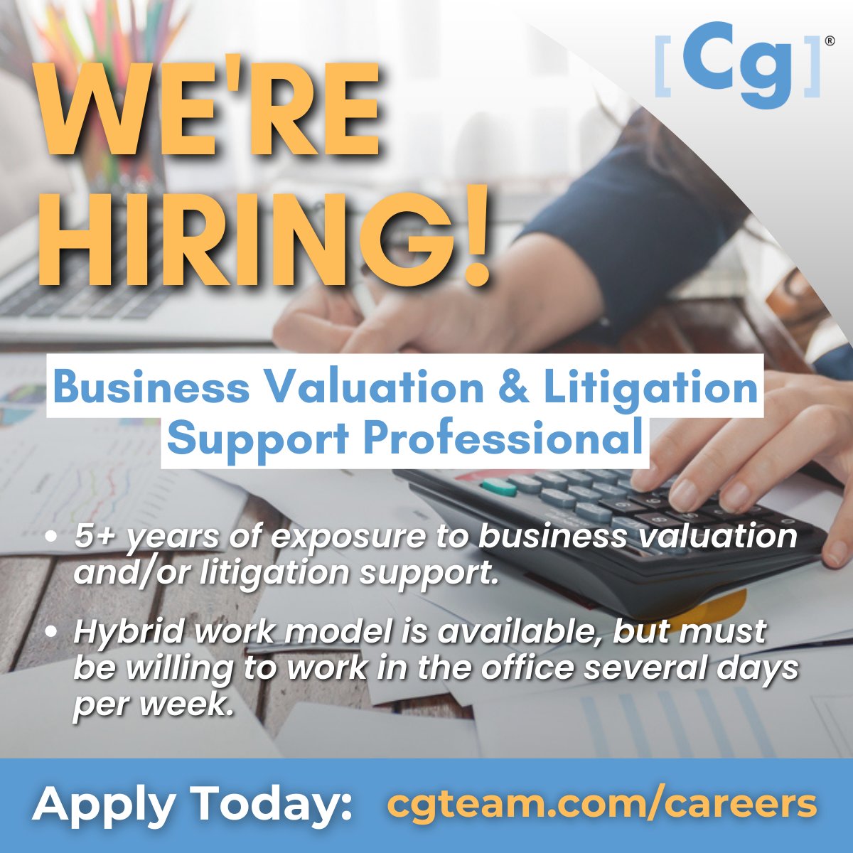 Join the Cg Litigation & Valuation Services Group! We're looking for a candidate with 5+ years exposure or experience in business valuation and litigation support. Learn more: bit.ly/2PhstUL #hiring #careers #litigation #businessvaluation #forensicaccounting #account ...