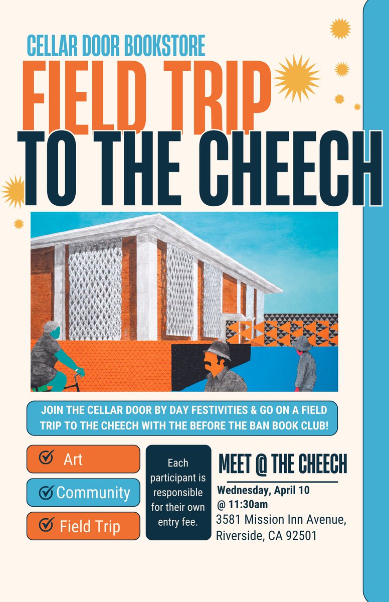 Cellar Door is taking a FIELD TRIP (yes, you read that right!) to the Cheech on Wednesday April 10th at 11:30 am. If you're interested, shoot an email to info@cellardoorbookstore.com so that we can communicate with you about more details!