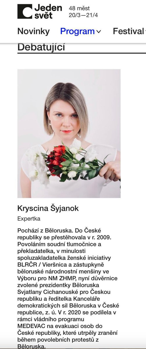 Teď probíhá 🇨🇿 premiéra dokumentu Náhodou prezidentkou o zvolené prezidentce #Bělorusko <a href="/Tsihanouskaya/">Sviatlana Tsikhanouskaya</a> . Po projekci bude následovat diskuze, kde  odpovím na otázky k běloruské situaci. To vše v rámci #Jedensvět2024 pořádaného <a href="/CLOVEKVTISNI/">Člověk v tísni</a>.

Ať žije Bělarus! ⬜️🟥⬜️