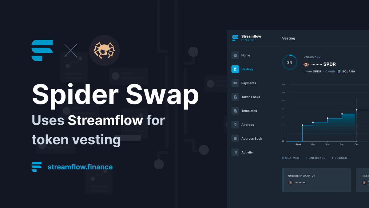 🙌We are delighted to collaborate with @spdrswap to power token vesting for $SPDR. SpiderSwap is a swap aggregator on @solana 📥If you're looking for token vesting, airdrop distributions and LP locks - reach out to us at @streamflow_fi