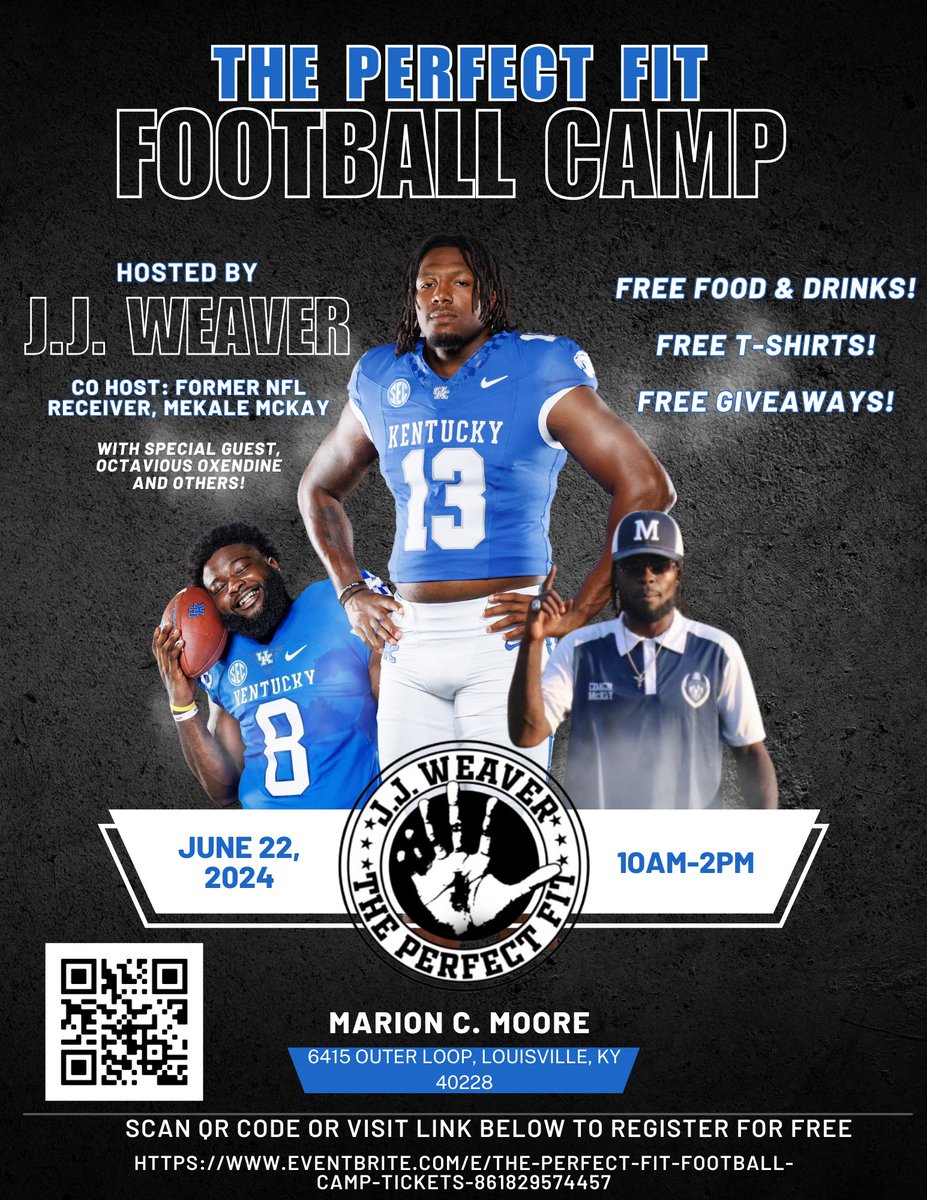 Come out and join @jjtimeee for his 2 annual free football camp at Marion C. Moore in Louisville.