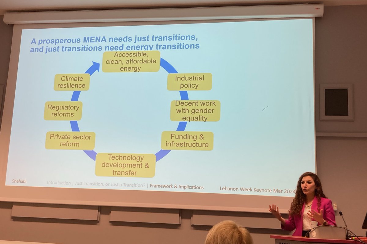 This evening we were treated to a terrific survey of the issues by Manal Shehabi, e.g.: the gap between current realities and targets, the fact that the process cannot be painless and the need to deliver equity along with the green energy transition