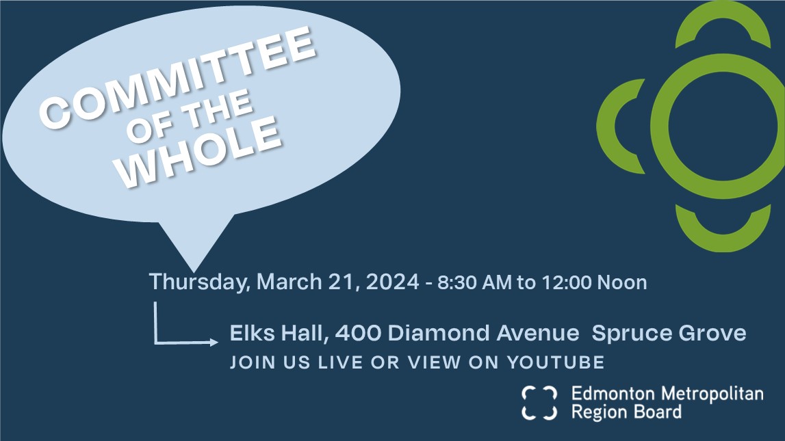 Curious about regional planning? Plan to catch the #EMRB's Committee of the Whole meeting tomorrow! Join us live at the Elks Hall in Spruce Grove or tune in via YouTube: ow.ly/RN8S50QYbCy Don't miss out on insightful discussions! #13Strong