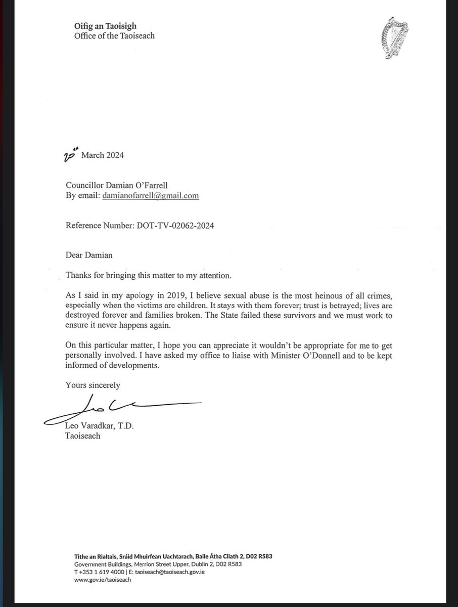 A letter ⁦@DamianOFarrell⁩ received from An Taoiseach this evening. This issue has now been raised by several TDs including ⁦@ImeldaMunster⁩ ⁦@Fergusodowd⁩ ⁦@JoanCollinsTD⁩ ⁦⁦@geraldnash⁩ ⁦@SeanCanney⁩. #WatchthisSpace