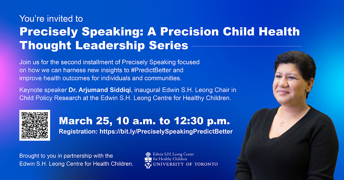 ❓How can health systems use information about #equity to improve #populationhealth outcomes? Join the @LeongCentre and @SickKidsNews #PrecisionChildHealth on March 25 to learn more! #PredictBetter

Read more and register: tinyurl.com/yx59d4vf

@UofT @uoftmedicine @UofT_dlsph