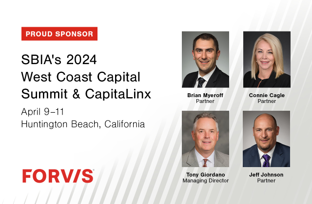 .@FORVIS is honored to sponsor SBIA'S 2024 West Coast Capital Summit & CapitaLinx. Join us for a chance to connect with our industry professionals and learn how we can help drive your #middlemarket investments forward: bit.ly/43u8t44