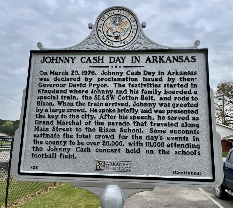 On this day in 1976, the Arkansas governor declared March 20 Johnny Cash Day. Celebrations kicked off in Kingsland as Cash boarded the SL&SW Cotton Belt train to Rison. Greeted by a large crowd, he received the key to the city and performed for 10,000 fans.