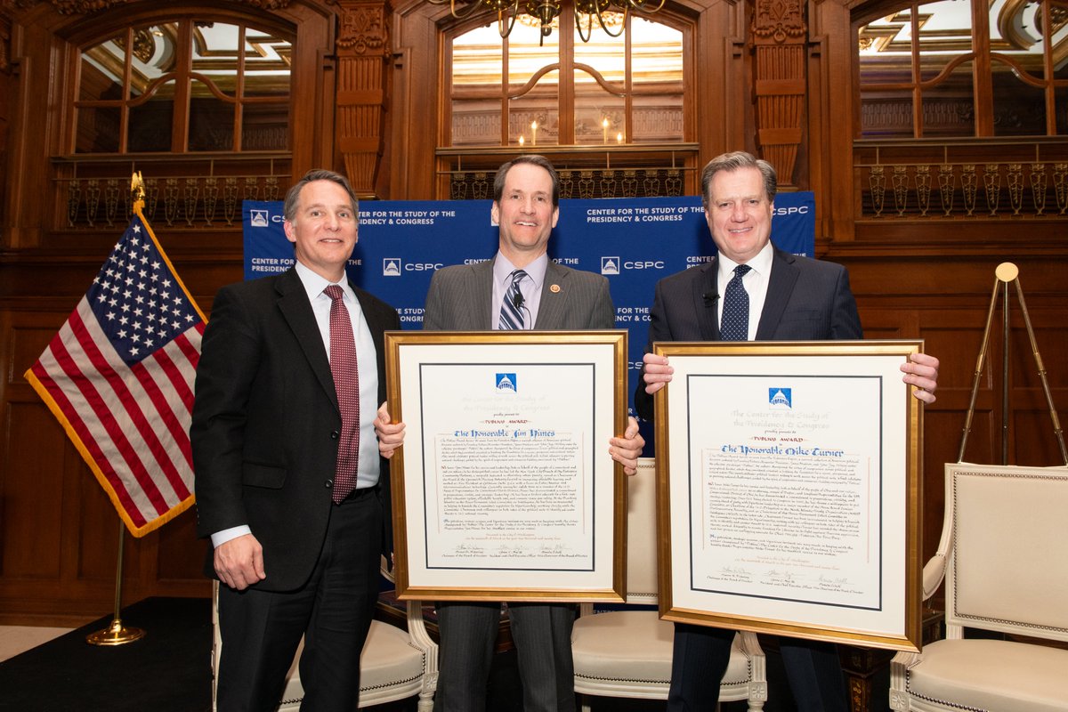 Last night, Chairman @RepMikeTurner and Ranking Member @JAhimes received the Publius Award for leadership and bipartisanship in government from the Center for the Study of the Presidency and Congress. Learn more about @CSPC_DC’s Public Award: intelligence.house.gov/news/documents…