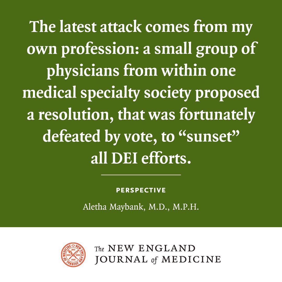 NEJM (@nejm) on Twitter photo As leaders of diversity, equity, and inclusion efforts within academic, medical, and corporate institutions strive to improve equity and health for all, they are facing attacks from all sides. Read the new Perspective by <a href="/DrAlethaMaybank/">Dr. Aletha Maybank</a>: nej.md/4crK2Iz As leaders of diversity, equity, and inclusion efforts within academic, medical, and corporate institutions strive to improve equity and health for all, they are facing attacks from all sides. Read the new Perspective by <a href="/DrAlethaMaybank/">Dr. Aletha Maybank</a>: nej.md/4crK2Iz