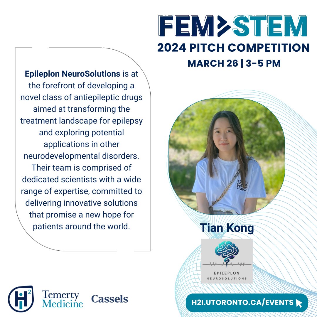 Meet our next FemSTEM Pitch finalist: Epileplon NeuroSolutions, presented by Tian Kong! 💡 Less than a week until we see these six remarkable women pitch to win! Save your spot now: h2i.utoronto.ca/event/femstem-…