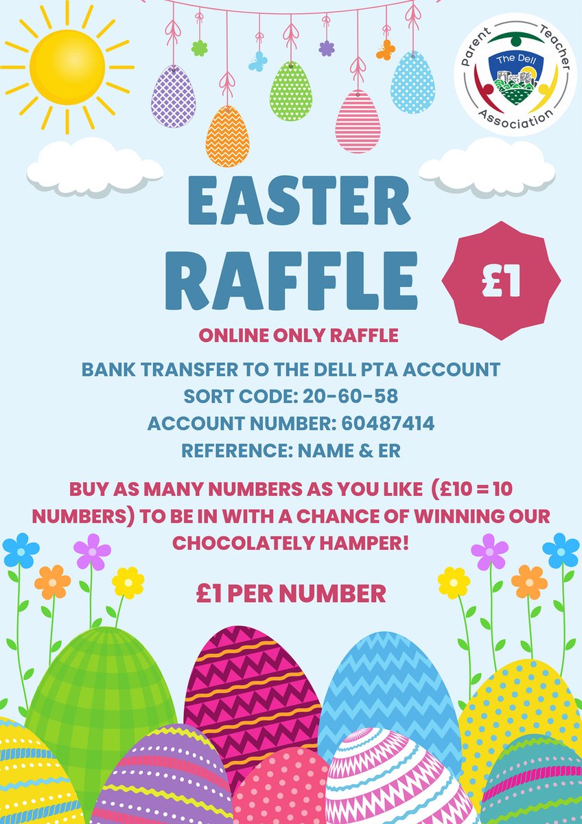 The Dell Primary School (@thedellschool) on Twitter photo Our wonderful <a href="/thedellpta/">The Dell PTA</a> are running an Easter raffle to help raise money for our school. Please see the details below on how to enter and support!
Diolch yn fawr. Our wonderful <a href="/thedellpta/">The Dell PTA</a> are running an Easter raffle to help raise money for our school. Please see the details below on how to enter and support!
Diolch yn fawr.