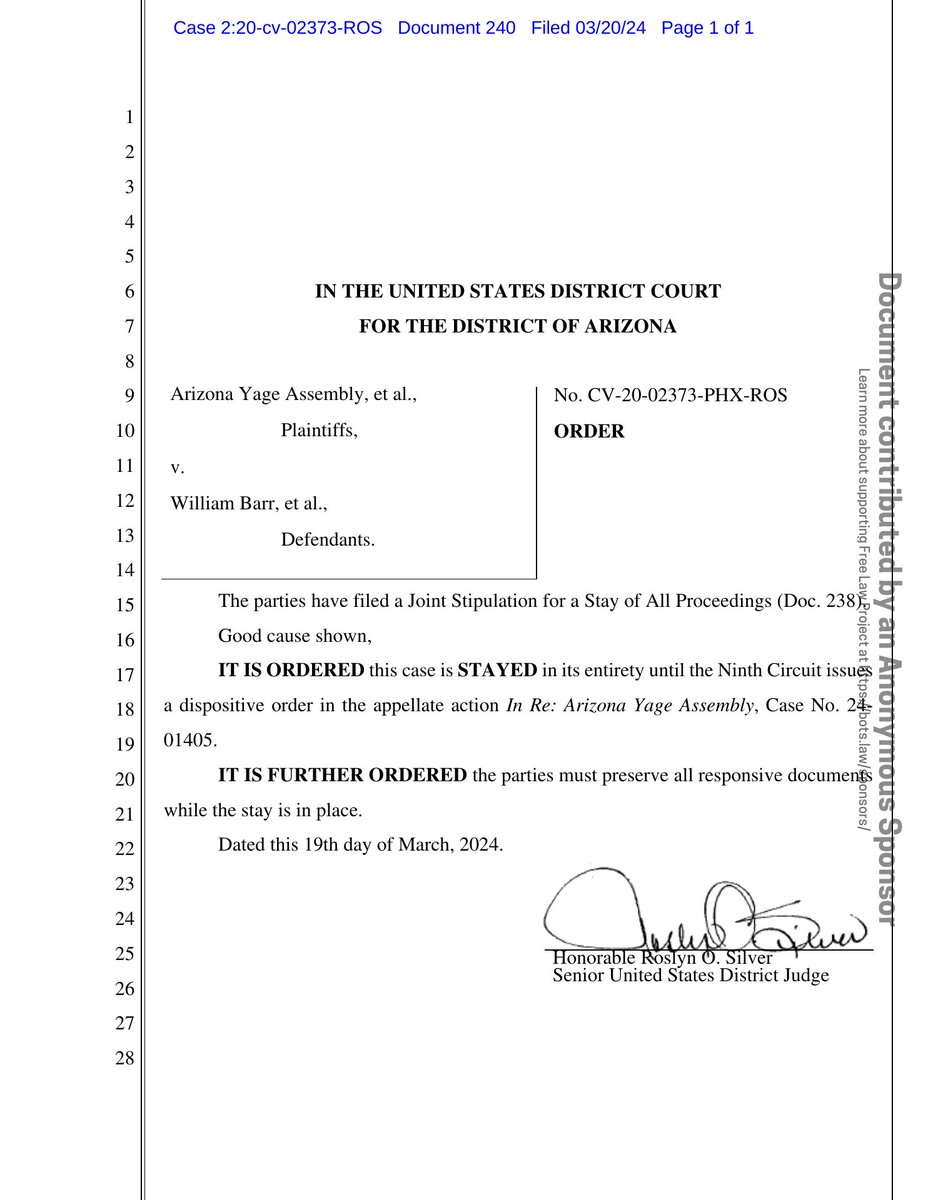 New filing: 'Arizona Yage Assembly v. A.G. (Religious freedom - sacrament seizure)' Doc #240: Order on Stipulation AND ~Util - Set/Clear Flags PDF: courtlistener.com/docket/1872389… #CL18723894