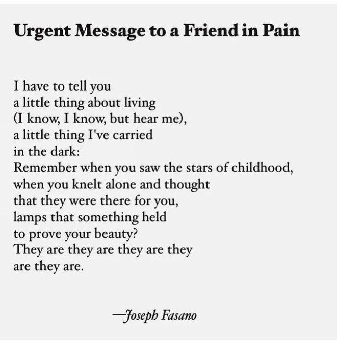 And then I read this by poetry friend @Joseph_Fasano_ will be displayed in hospitals in his country.

I love poems in public places. And at tense times of vulnerability, it matters to be reminded that we are more than our greatest difficulties.

“…they are.”

📷 @DaveZ_uk