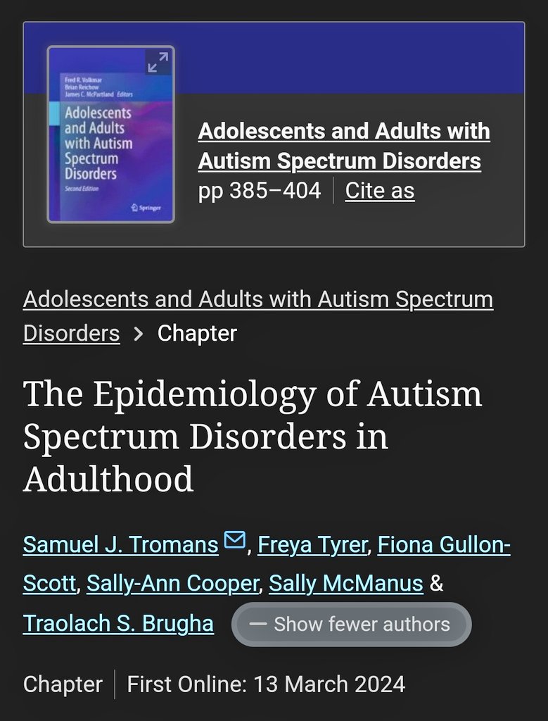 📢NEW BOOK CHAPTER📢 The epidemiology of autism in adulthood 😊 @freyatyrer @McManusSally @FiGullonScott @TerryBrugha @SocSciHealth Link here: link.springer.com/chapter/10.100…