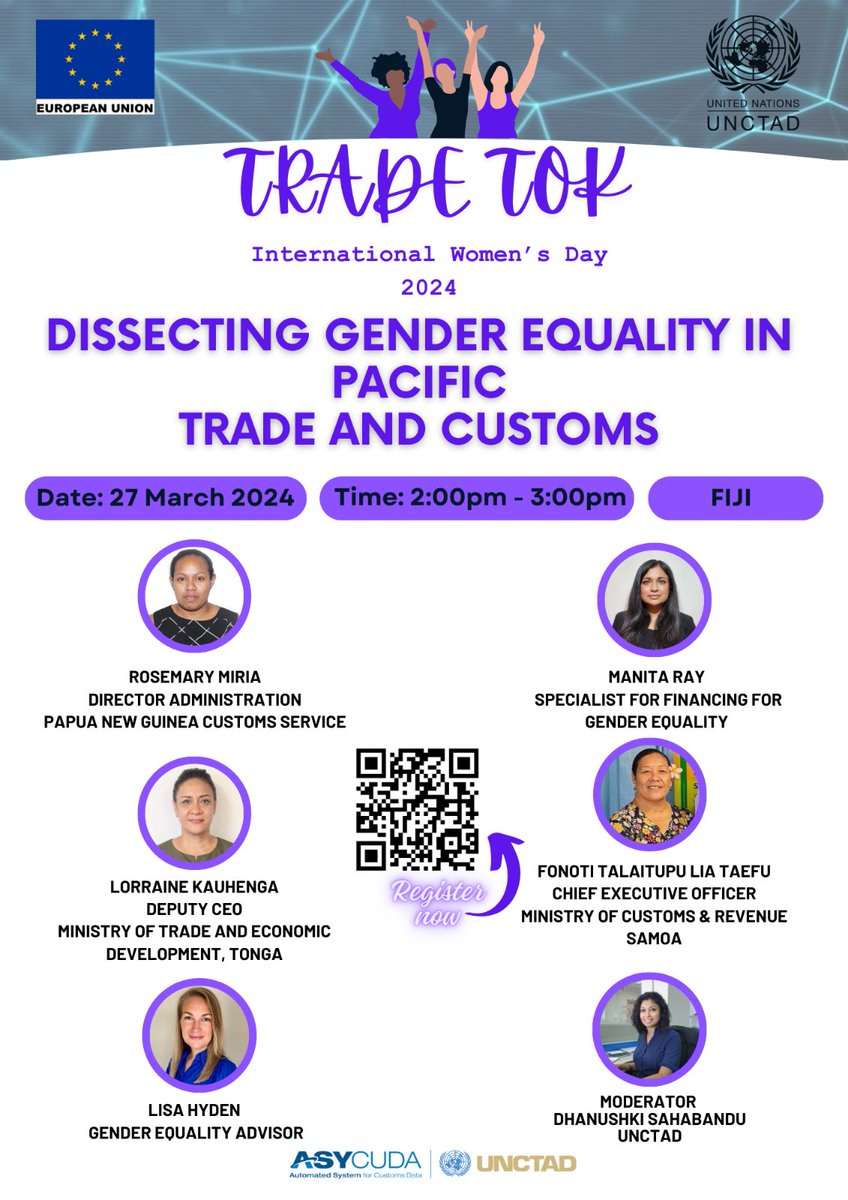 #IWD Event: Join #PacificWomen in Customs & Trade on @EUPasifika's IMPACT #UNCTAD TradeTok on Wednesday|27 March 2024|2pm (Fiji Time). Let's discuss #gender in Pacific #customs & #trade!
Register: forms.gle/4RrXe1yjwvdGjw… or scan barcode ⬇️ #investinginwomen #pacific