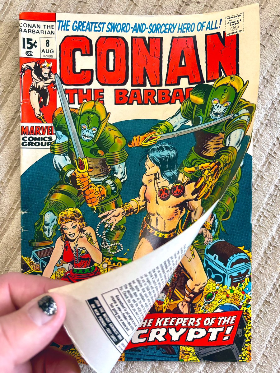 DallanB's tweet photo. I was thinking of buying this, and then I was thinking of not buying it, and then I was again thinking of buying it, so I examined it more carefully, and then I HAD to buy it.
😆
#ConanTheBarbarian #8 (1971)
#doublecover https://t.co/OozwGdcRe9
