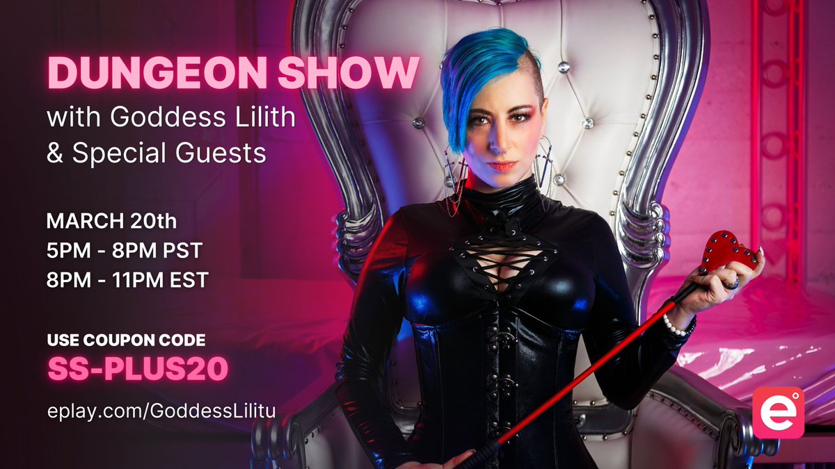 This is your chance to join @goddesslilith66 in her dungeon on ePlay!

The show starts at 5PM PST, 8 PM EST. 

Don't come empty-handed. Use coupon code SS-PLUS20 for 20% more tokens on your first purchase.