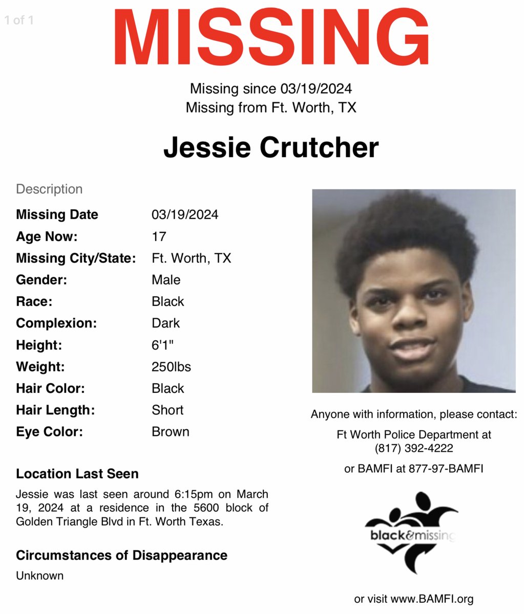 #FortWorth, #Texas: 17y/o Jessie Crutcher was last seen yesterday (March 19) around 6:15pm at a residence in the 5600 block of Golden Triangle Blvd in Ft. Worth. Have you seen Jessie? #JessieCrutcher #Dallas