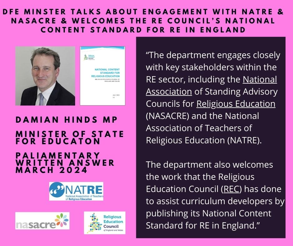 Good to see @educationgovuk minister @DamianHinds MP recognising the level of engagement of @NASACRE and @NATREupdate with policy makers. Also that the government has welcomed the @recouncil #nationalcontentstandard for RE in England. #nationalplanforRE @RE_Hubs @ReThinkREnow