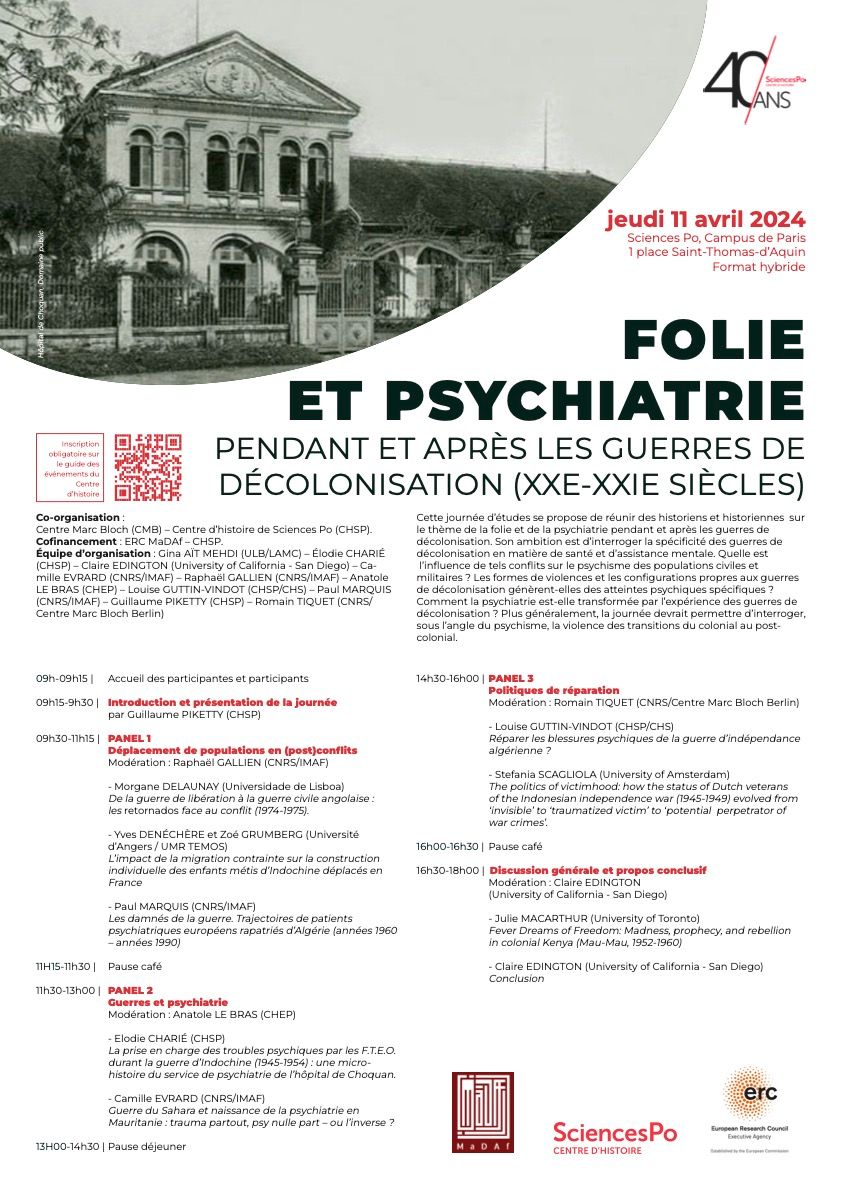 (Colloque) Folie et psychiatrie pendant et après les guerres de décolonisation (XXe-XXIe siècles) histoiresante.blogspot.com/2024/03/folie-… #histpsych