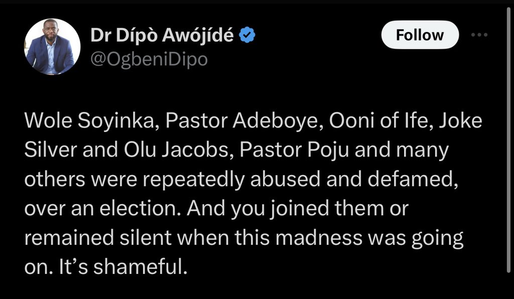 Again, I do not support any attack on these highly respectable individuals or anyone at all for their political choices. But this is Uncle Dipo criticizing those who were silent when these people were being abused. Yet he was silent when APC Trolls repeatedly attacked me.…