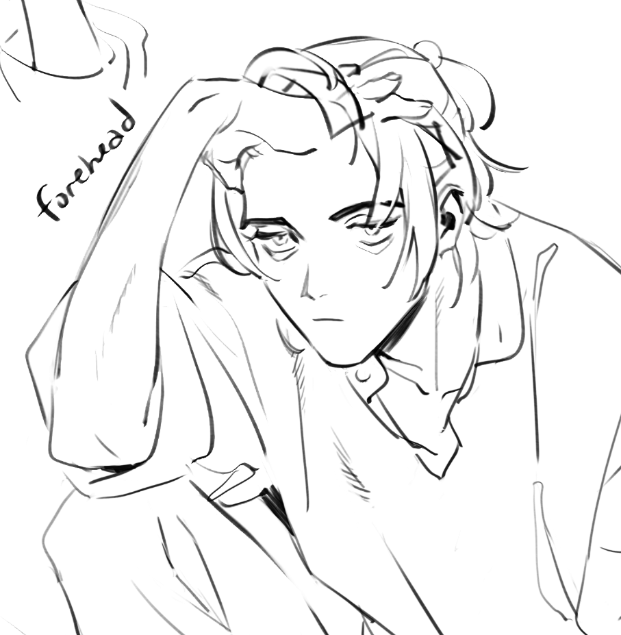 me, filling out a hairstyle meme: "I love when a character shows their forehead, they look so innocen--"

the drawing: 