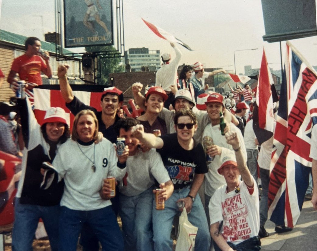 FA Cup Final Day, Bridge Road, Wembley, London - 12 May 1990 Submitted by Anthony Lord  @Antlord1 'A picture from outside The Torch pub, Wembley, on the day of the 1990 FA Cup Final, and 3-3 draw v Crystal Palace.” #1990s #90s #mufc #unitedfanculturearchive #realchangemcr