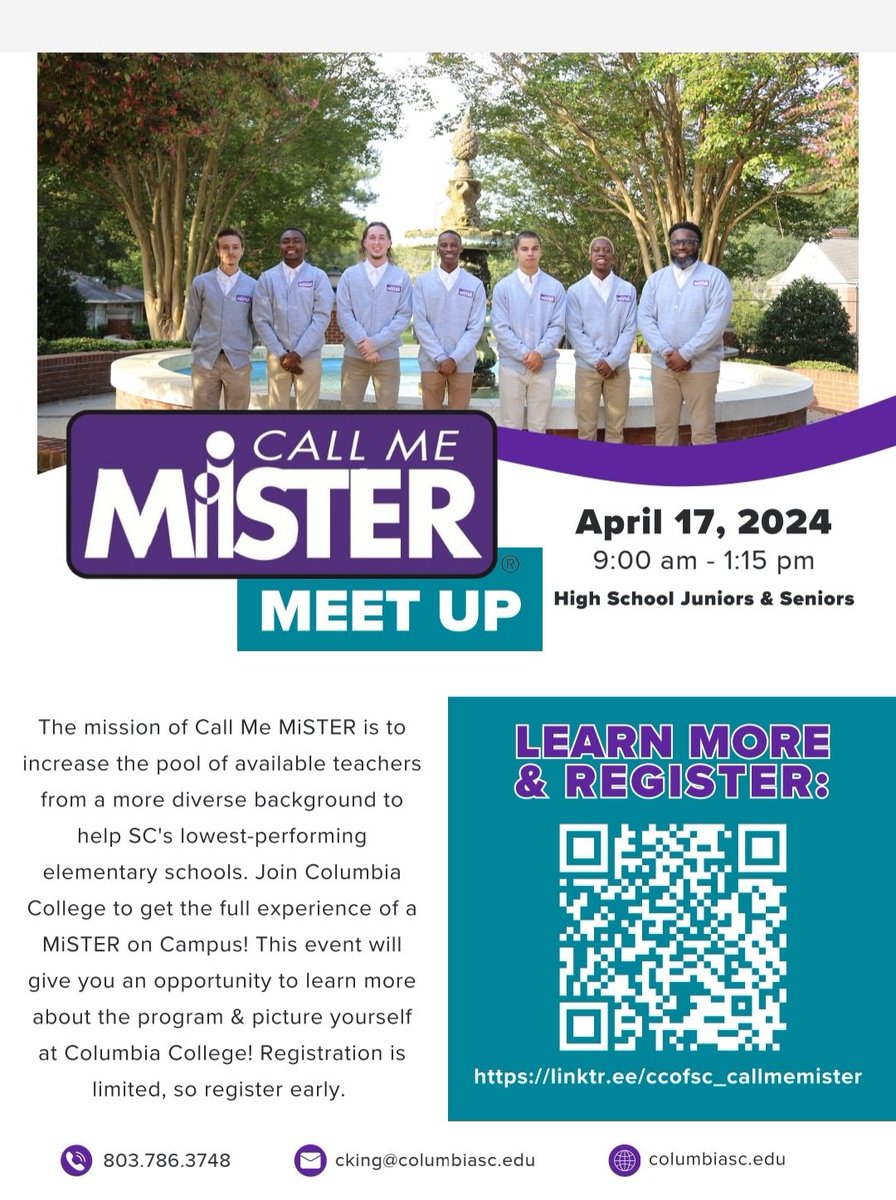 Calling High School Juniors &amp; Seniors! Register for the Columbia College Call Me MiSTER Meet Up being held on April 17th at <a href="/ColumbiaKoala/">Columbia College, SC</a>! Come spend the day with us and learn about our transformational cohort! Scan the QR code or visit the link bio to register! #ccthatsme