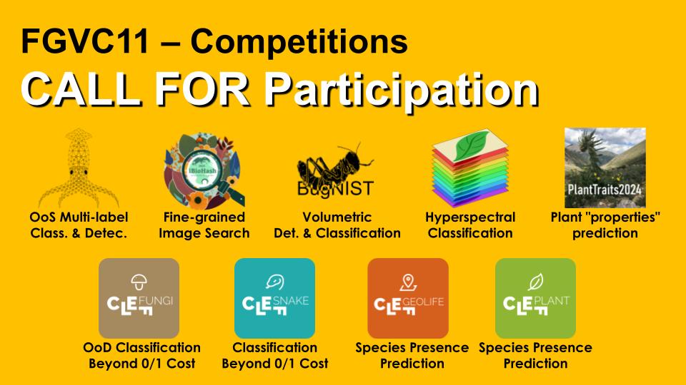 FGVC11 will host *nine* competitions this year ranging from fine-grained image search to volumetric and hyperspectral classification. Learn more on our website, and keep an eye out as we highlight each competition over the next couple weeks! sites.google.com/view/fgvc11/co…