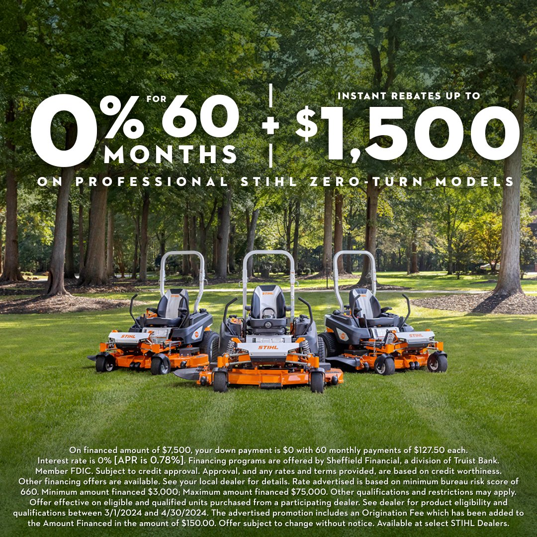 Explore our STIHL zero-turn mower financing and rebate options to bring game-changing power and performance to your fleet. Visit bit.ly/3IyZAwd to learn more. #PowerOfZero