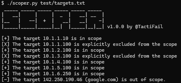 TactiFail's tweet photo. 🚨 TOOL RELEASE 🚨

During pentests I often find myself asking "Is this IP in scope?" which is sometimes a quick lookup, but can be tricky when the scope is large or complex. Add exclusions into the mix and it can get annoying fast.

Introducing: Scoper https://t.co/Q6WtomBFKC