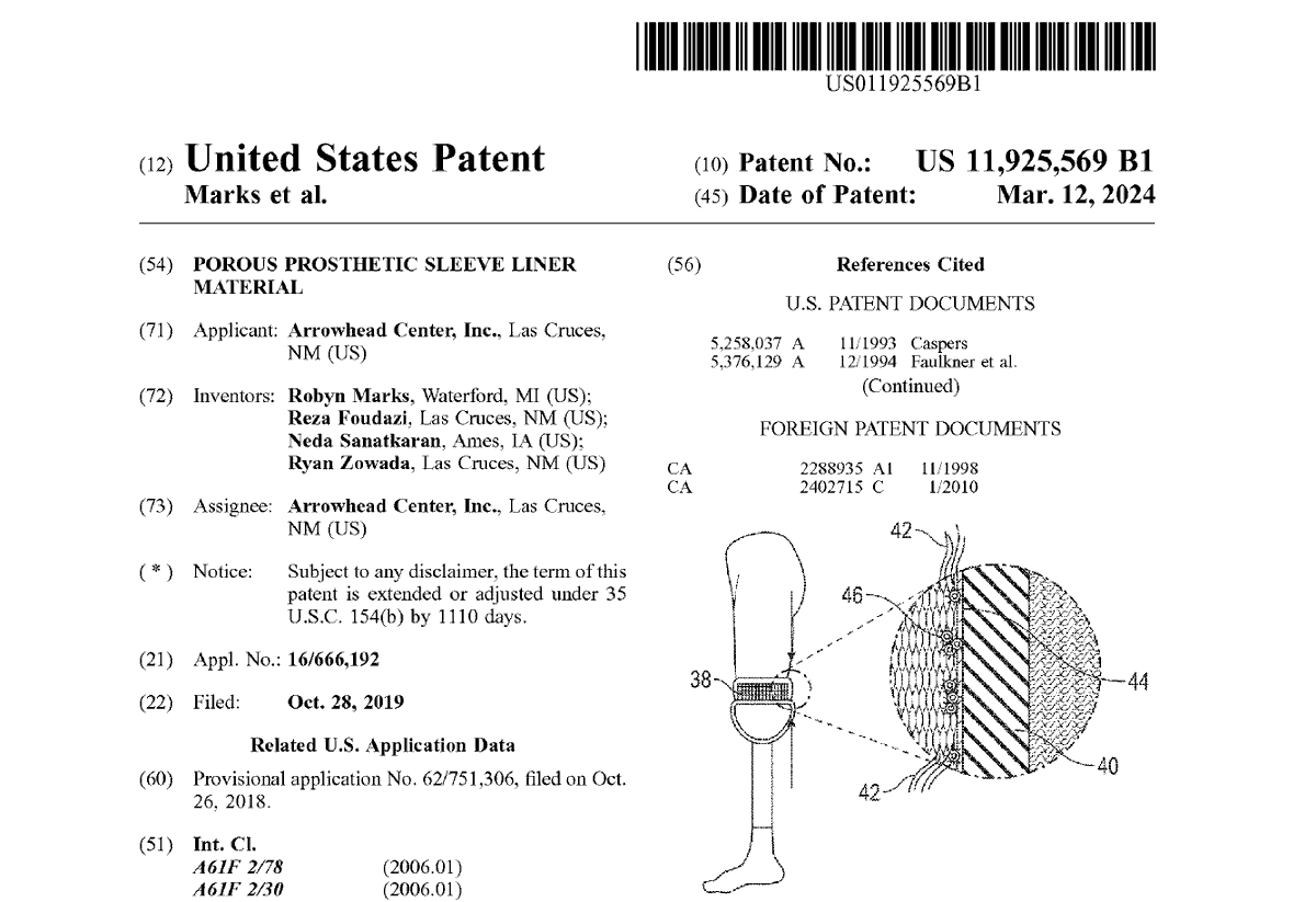 Reza_Foudazi's tweet image. The technology for #prosthetic sleeve liners developed in SMaRT lab has been granted a patent. The material is #breathable and sweat-absorbing, thus minimizing skin morbidity when used as a prosthetic liner. This patent was achieved in collaboration with @nmsu  and @bcom_nm.