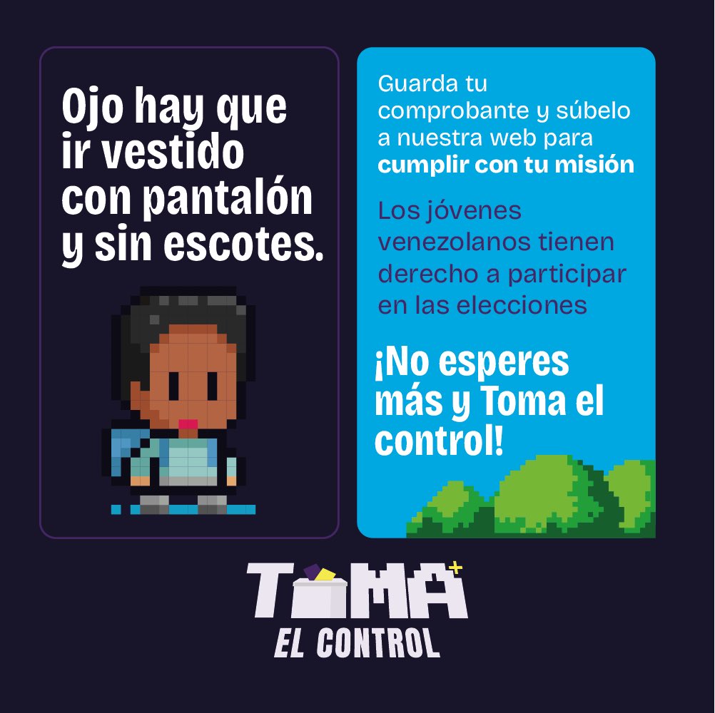 Nunca estás solo, desde Toma El Control 🎮 podemos ayudarte a esquivar todos los obstáculos de la participación. Ve a tomaelcontrolvzla.com y métete en el juego 👾con nosotros. #TomaElControl #CNE #Registro #Jóvenes #Venezuela