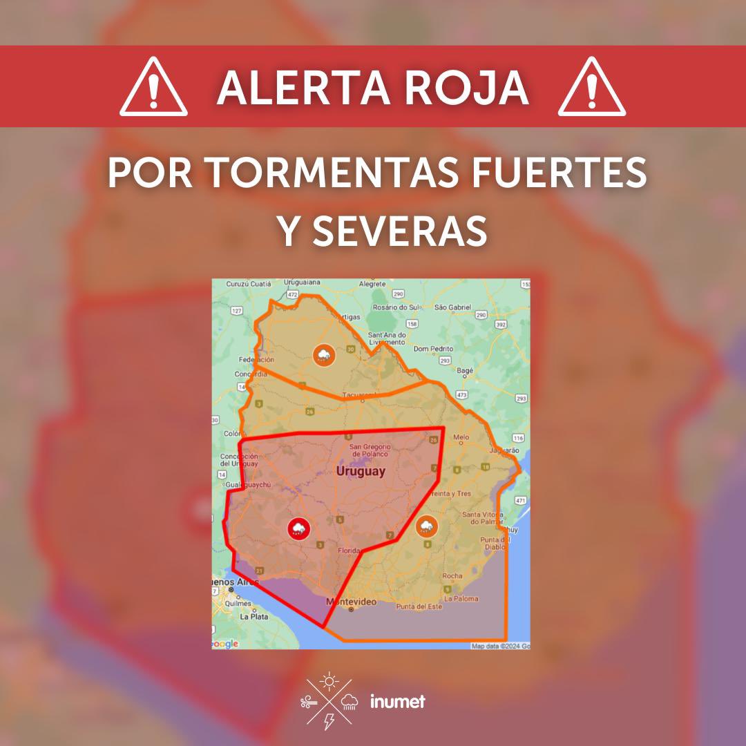 Alerta roja por tormentas fuertes y severas.
Actualización 21:30.
Por más info: inumet.gub.uy
