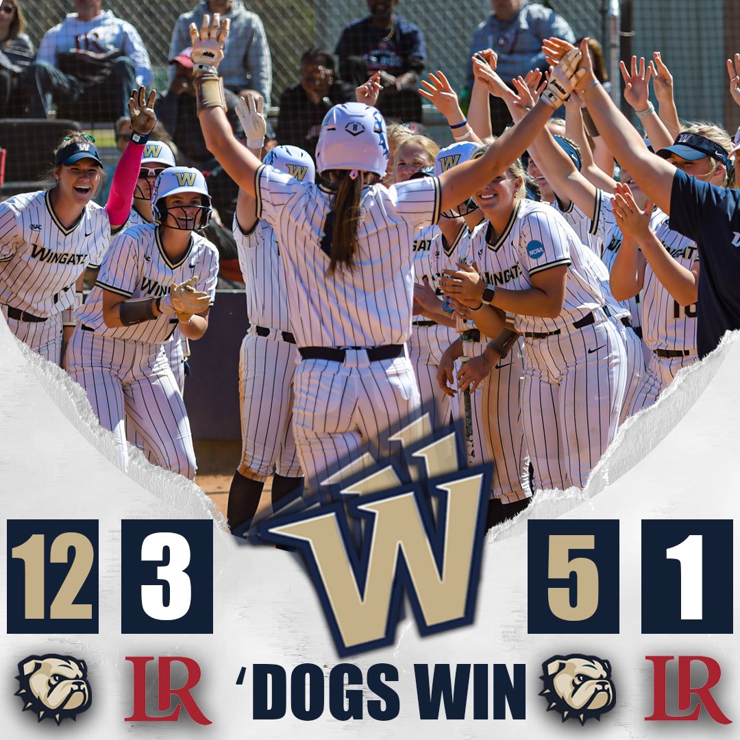 🧹 BULLDOGS SWEEP 🧹 #12 @WingateSoftball outscores #18 Lenoir-Rhyne 17-4 in a top-25 SAC showdown! Brooks blasted 3 homers in game 1! Cutcher & Kale combined for 18 strikeouts to pick up the wins! 9 straight dubs for the ‘Dogs! #OneDog