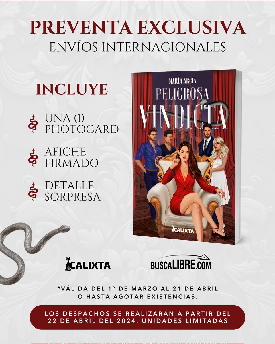 CalixtaEditores's tweet photo. #PeligrosaVindicta de @mariaarciam sigue en preventa y no puedes quedarte sin el tuyo 🐍

🇨🇴 https://t.co/vCc61Ek1Au
🌏 https://t.co/nd8bovV7Te https://t.co/rVf9XYqQSq
