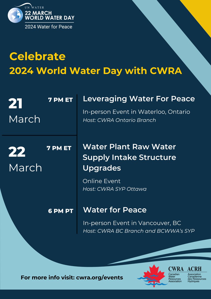 Join us in commemorating World Water Day this year through three insightful events organized by CWRA Branches. These events offer opportunities to learn about crucial water-related topics, engage with experts, and contribute to the conversation on water sustainability. (1/2)