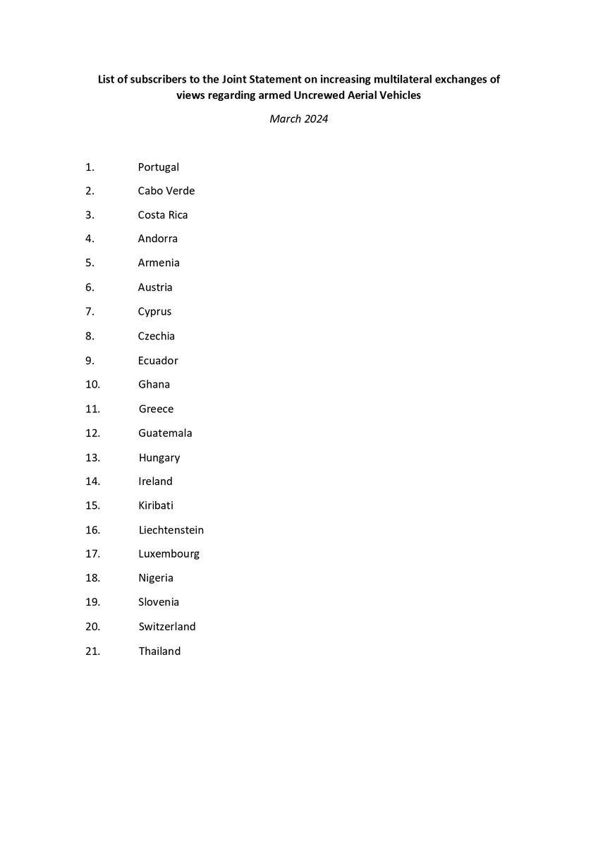 21 Member States supported a Joint Statement on armed #drones: 🇵🇹🇨🇻🇨🇷🇦🇩🇦🇲🇦🇹🇨🇾🇨🇿🇪🇨🇬🇭🇬🇷🇬🇹🇭🇺🇮🇪🇰🇮🇱🇮🇱🇺🇳🇬🇸🇮🇨🇭🇹🇭

Holding discussions at the #UN can contribute to improving the transparency &amp; oversight of the acquisition &amp; use of armed #UAVs.